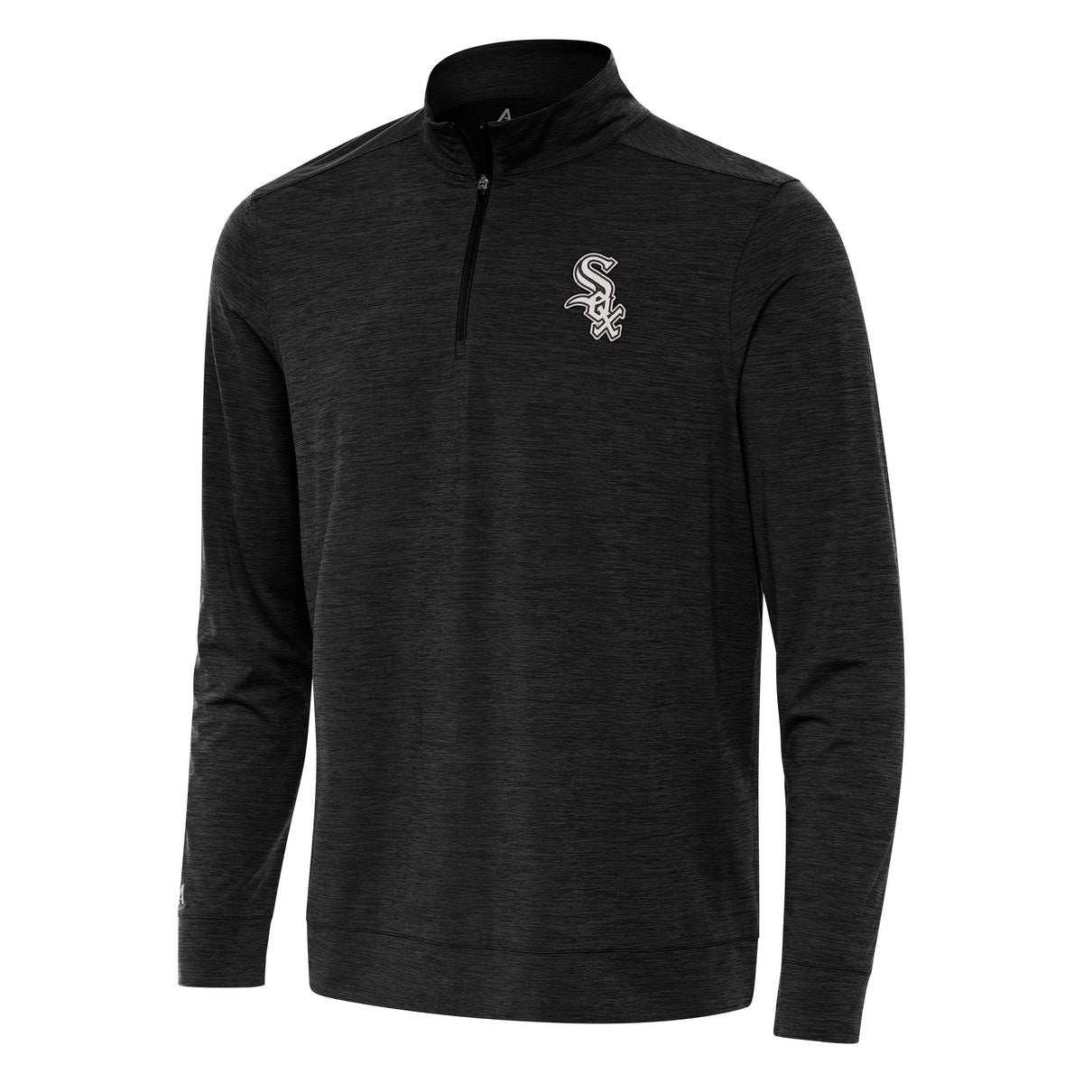 Men's Chicago White Sox Antigua Black Heather Primary Logo Bright QZ 1/4 Zip Lightweight Pullover Top