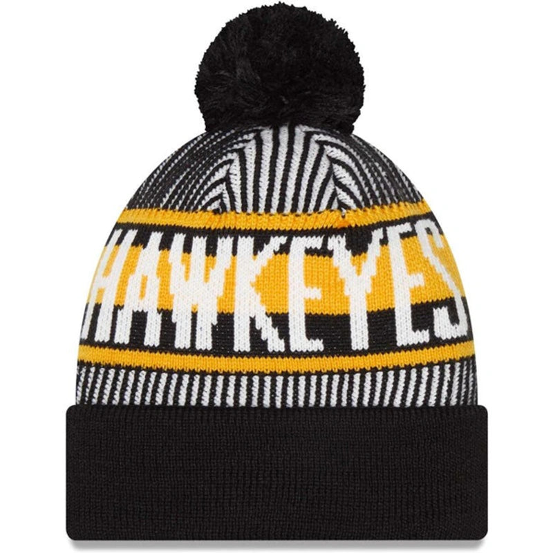 Men's Iowa Hawkeyes Black NCAA New Era Knitstripe Cuffed Pom Knit Hat - Pro Jersey Sports