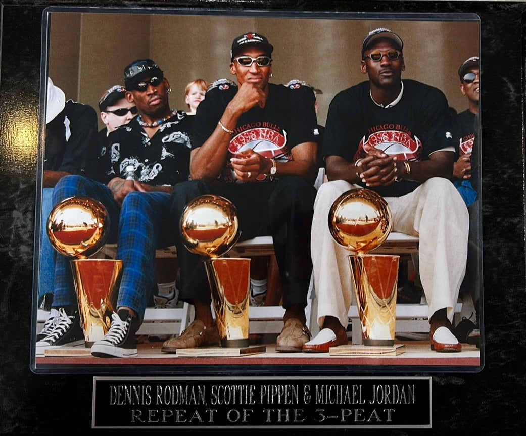 Chicago Bulls Dennis Rodman, Michael Jordan, & Scottie Pippen "Repeat of the 3-Peat" Photo Plaque - Pro Jersey Sports