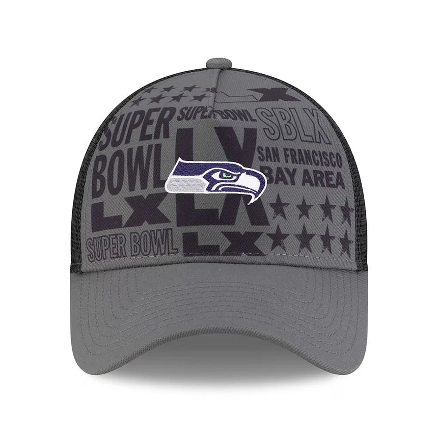 Men's Seattle Seahawks New Era Charcoal Super Bowl LX 9FORTY A-Frame Trucker Adjustable Hat - Pro Jersey Sports