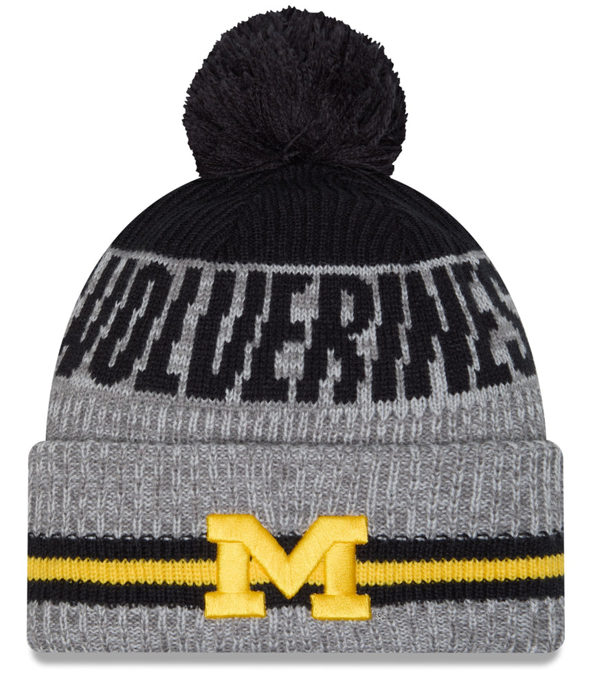 Men's Michigan Wolverines New Era Gray/Blue Runner Cuffed Pom Knit Hat - Pro Jersey Sports