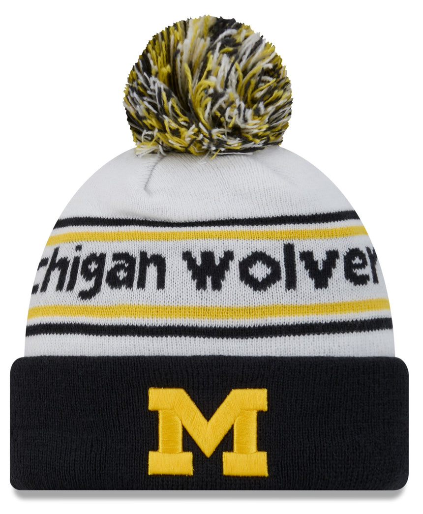 Men's Michigan Wolverines New Era White/Blue Banded Cuffed Pom Knit Hat - Pro Jersey Sports