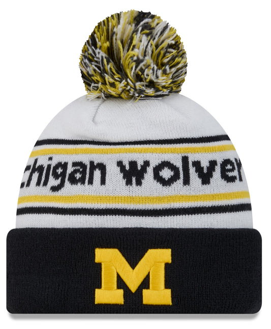 Men's Michigan Wolverines New Era White/Blue Banded Cuffed Pom Knit Hat - Pro Jersey Sports