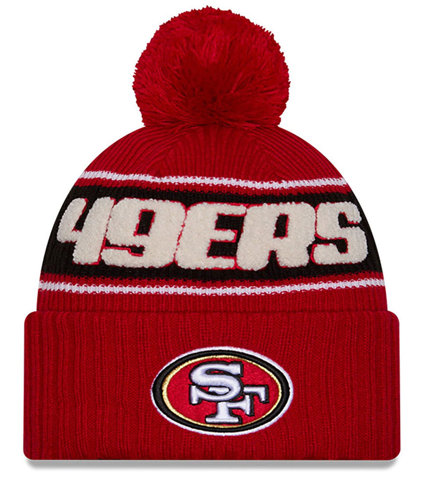 San Francisco 49ers New Era 2024 NFL Sideline Red Cuffed Pom Knit Hat - Pro Jersey Sports