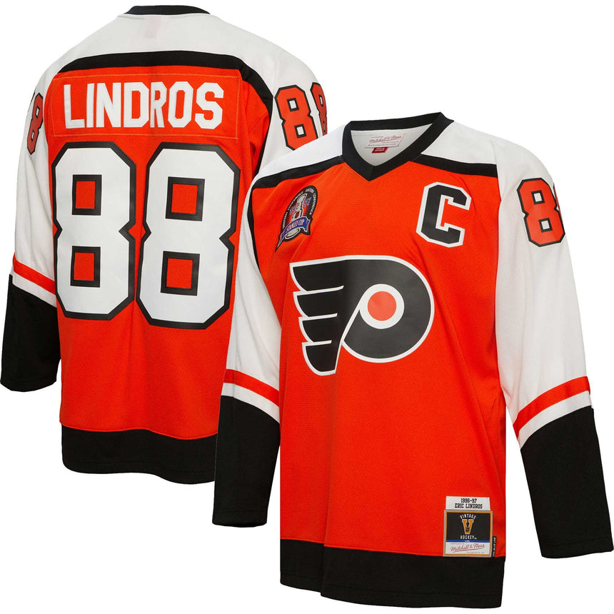 Men's Philadelphia Flyers Eric Lindros Mitchell & Ness Orange 1996/97 Captain Patch Blue Line Player Jersey - Pro Jersey Sports