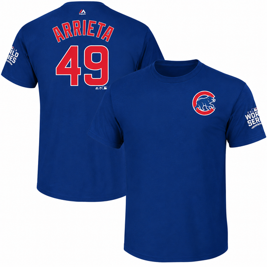 Men's Chicago Cubs Jake Arrieta Majestic Royal 2016 World Series Bound Name & Number T-Shirt