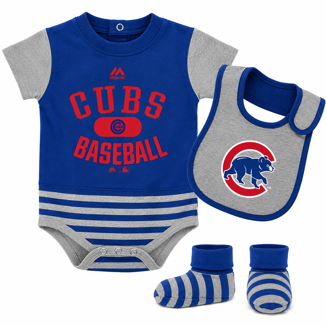 Chicago Cubs Majestic Newborn & Infant Baseball Property Bodysuit, Bootie & Bib Set - Royal/Gray