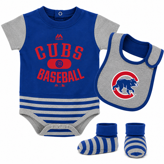 Chicago Cubs Majestic Newborn & Infant Baseball Property Bodysuit, Bootie & Bib Set - Royal/Gray