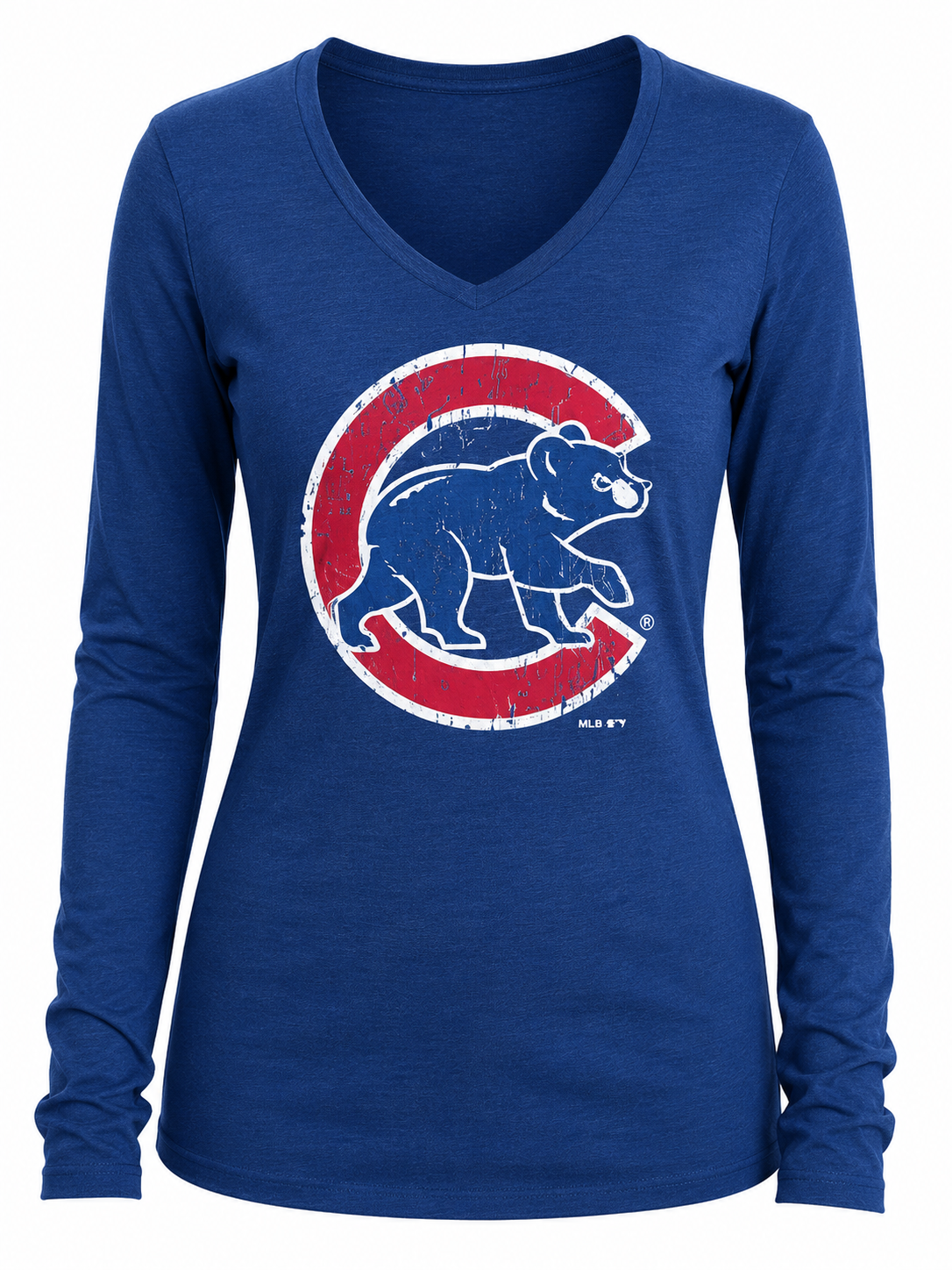 Women's Chicago Cubs Over Sized Walking Bear Logo Long Sleeve Triblend Hoodie Tee