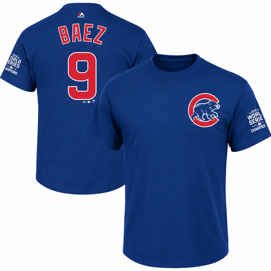 Youth Chicago Cubs Javier Baez Majestic Royal 2016 World Series Champions Name & Number T-Shirt