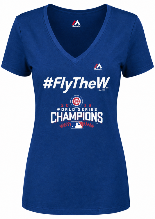 Women's Chicago Cubs 2016 World Series Champions Fly The W Hashtag V-Neck Tee By Majestic
