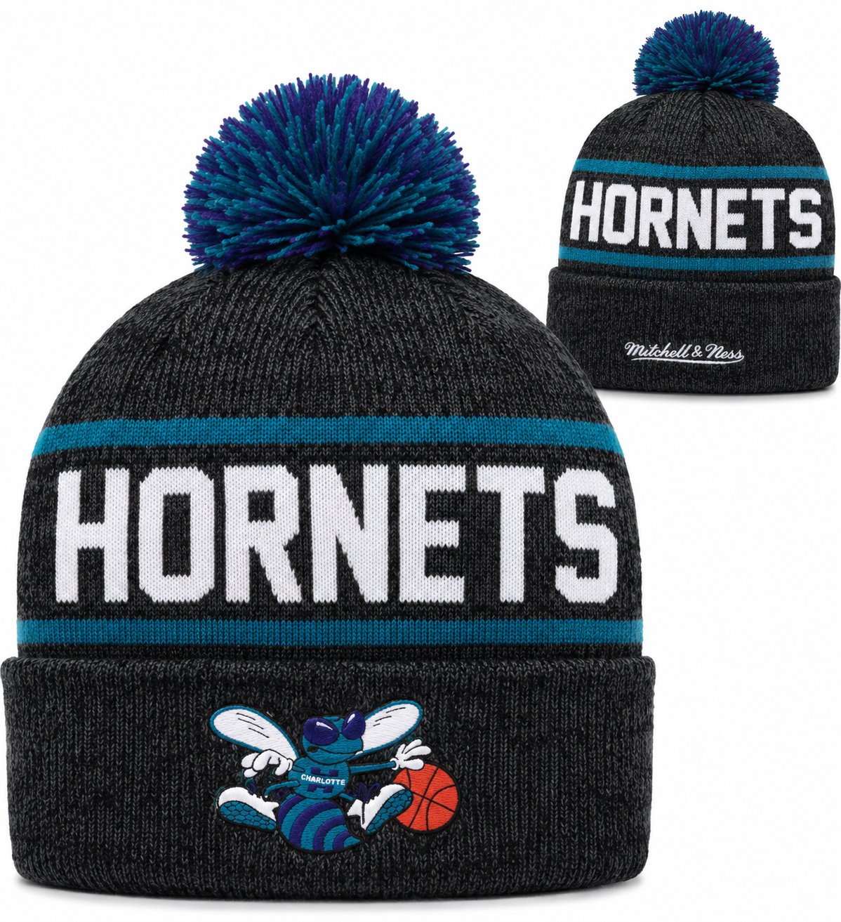 Charlotte Hornets Mitchell & Ness NBA Reload 2.0 Gray Cuffed Pom Knit Hat