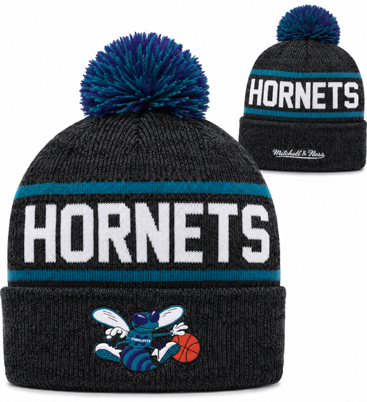 Charlotte Hornets Mitchell & Ness NBA Reload 2.0 Gray Cuffed Pom Knit Hat