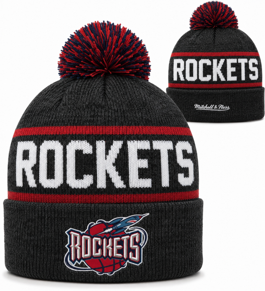 Houston Rockets Mitchell & Ness NBA Reload 2.0 Gray Cuffed Pom Knit Hat