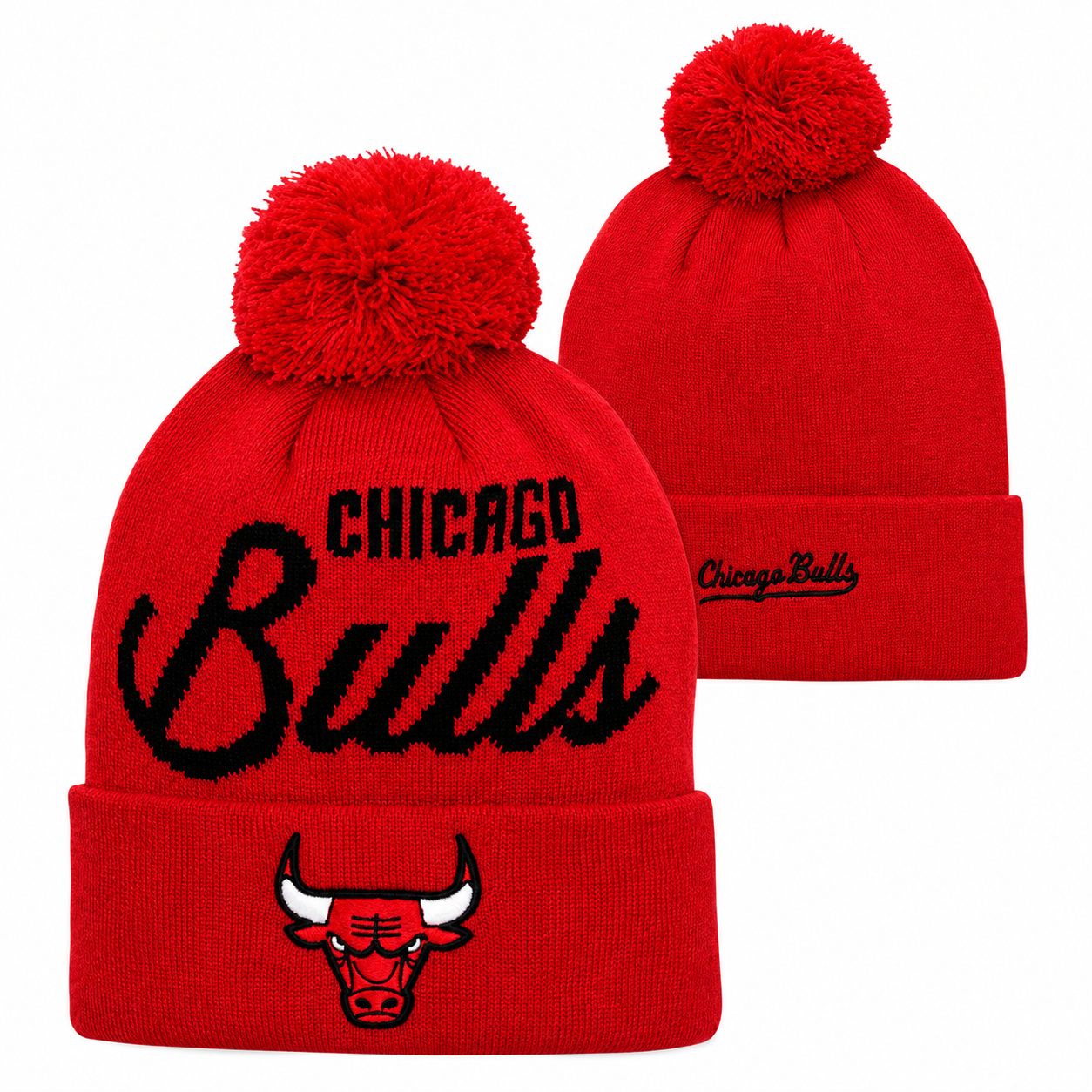 Youth Chicago Bulls NBA Red Retro Script Cuffed Pom Knit Hat
