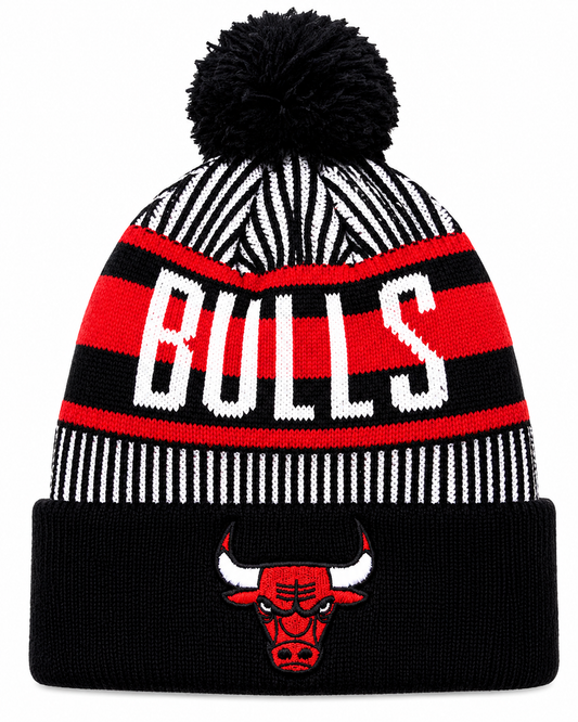 Youth Chicago Bulls NBA New Era Black Junior Knitstripe Cuffed Pom Knit Hat