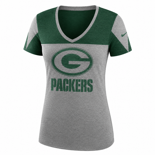 Women's Green Bay Packers Champ Drive 2.0 Tri Tee, Gray/Green-Nike