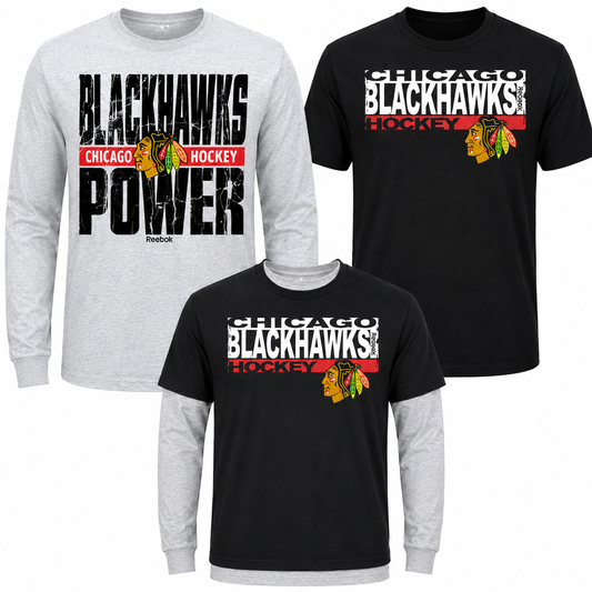 NHL Chicago Blackhawks Youth Reebok Black/Gray 2 In One Long Sleeve/Short Sleeve Combo T-Shirt