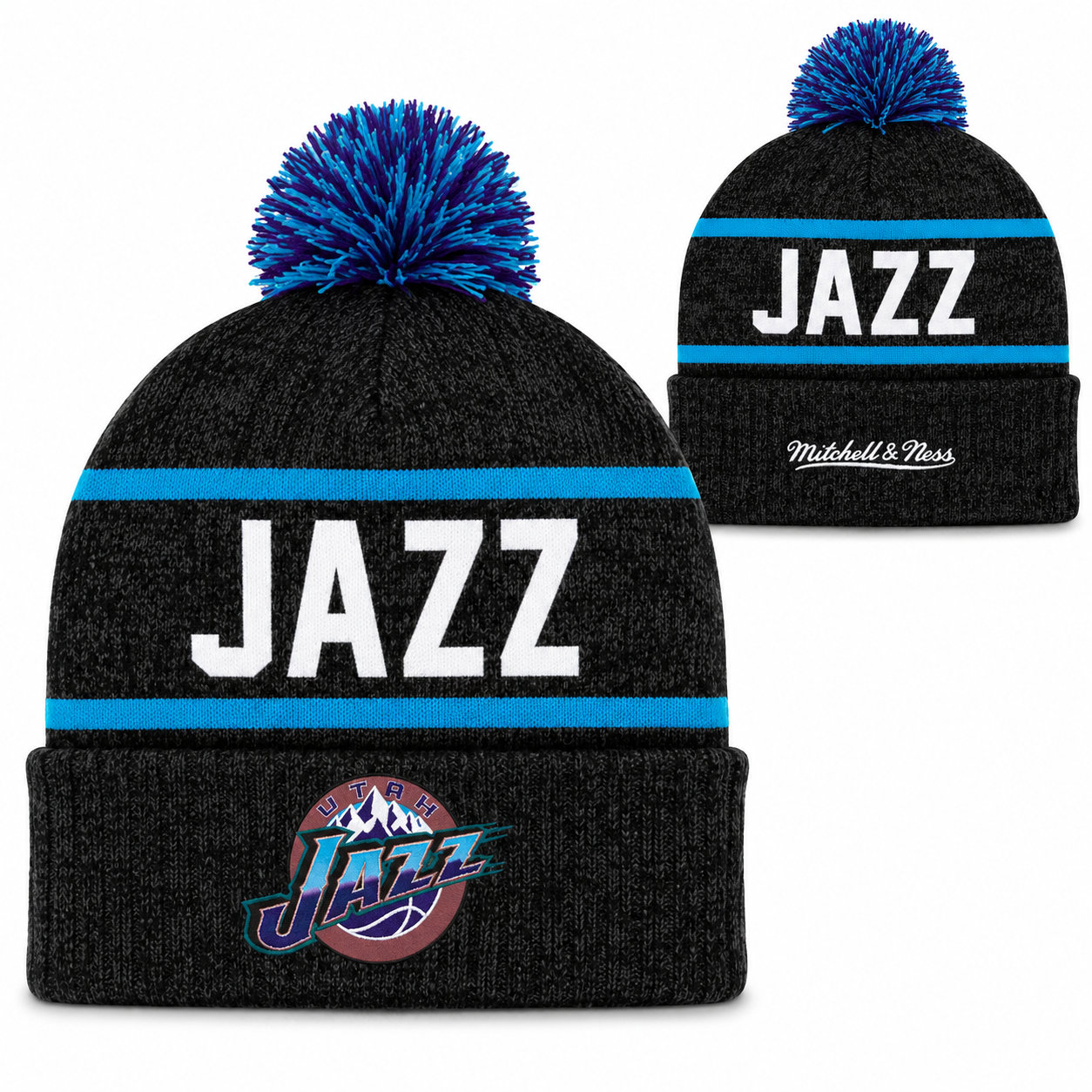 Utah Jazz Mitchell & Ness NBA Reload 2.0 Gray Cuffed Pom Knit Hat