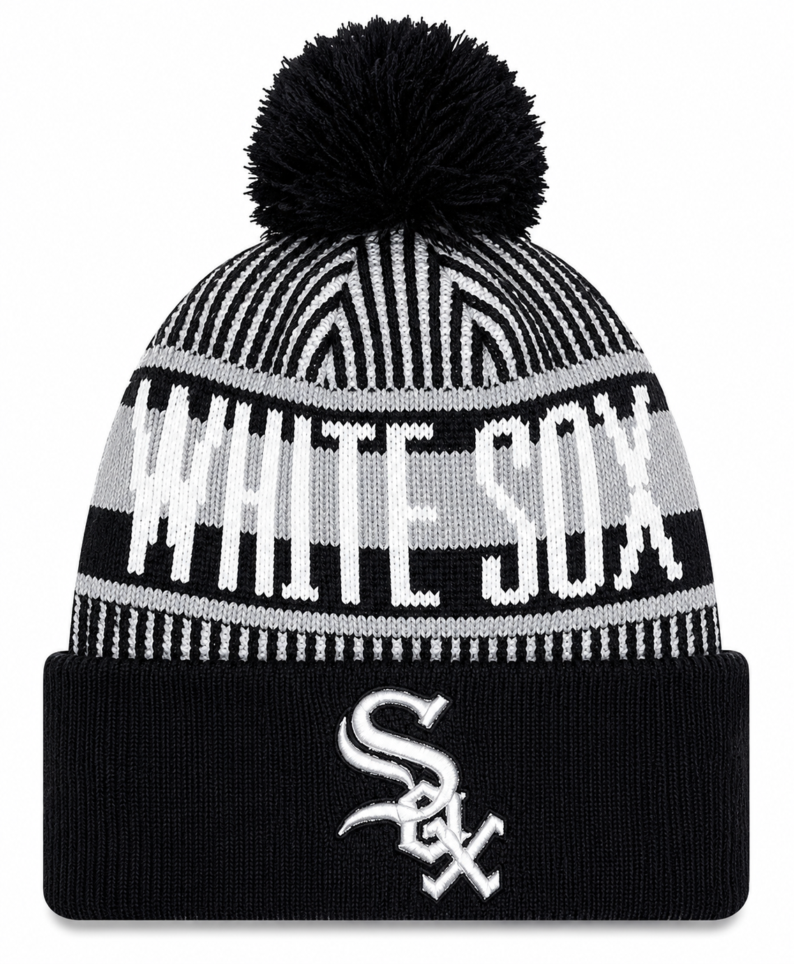 Men's Chicago White Sox New Era Knitstripe Black Cuffed Pom Knit Hat