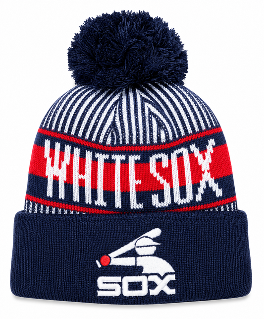 Youth Chicago White Sox New Era Junior Cooperstown Collection Knitstripe Navy Cuffed Pom Knit Hat