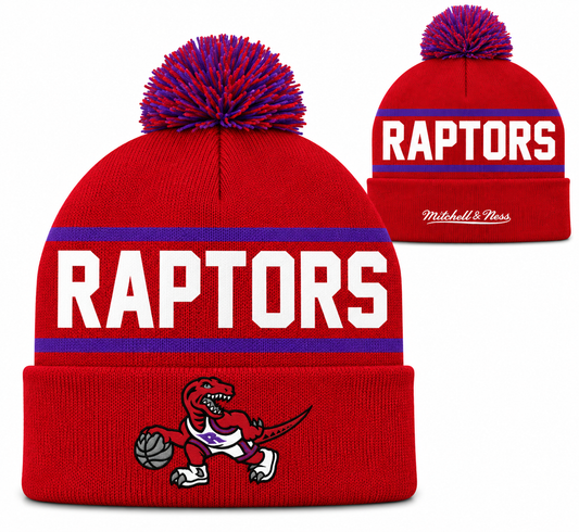 Toronto Raptors Mitchell & Ness NBA Reload 2.0 Red Cuffed Pom Knit Hat