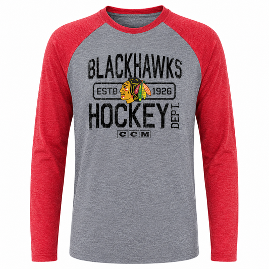 Youth Chicago Blackhawks CCM Tri-Blend Gray/Red Long Sleeve Crew Neck Tee