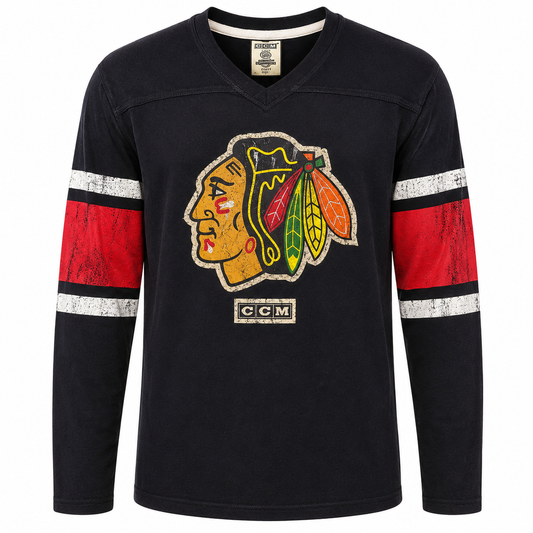 Youth Chicago Blackhawks CCM Black Patched Logo Long Sleeve Tee