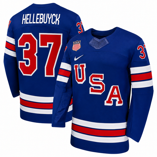 Youth Team USA Hockey Nike Connor Hellebuyck #37 Blue Replica Jersey