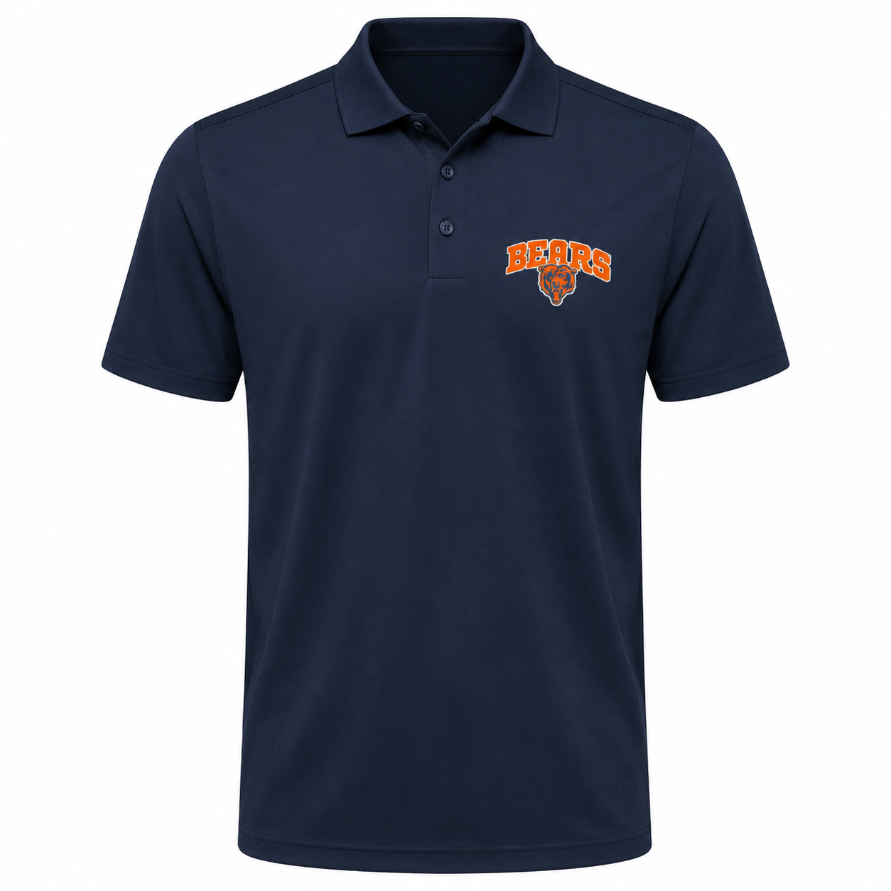A navy blue short-sleeve polo shirt with a three-button placket and a Chicago Bears logo embroidered on the left chest in orange and brown, shown on a plain white background.