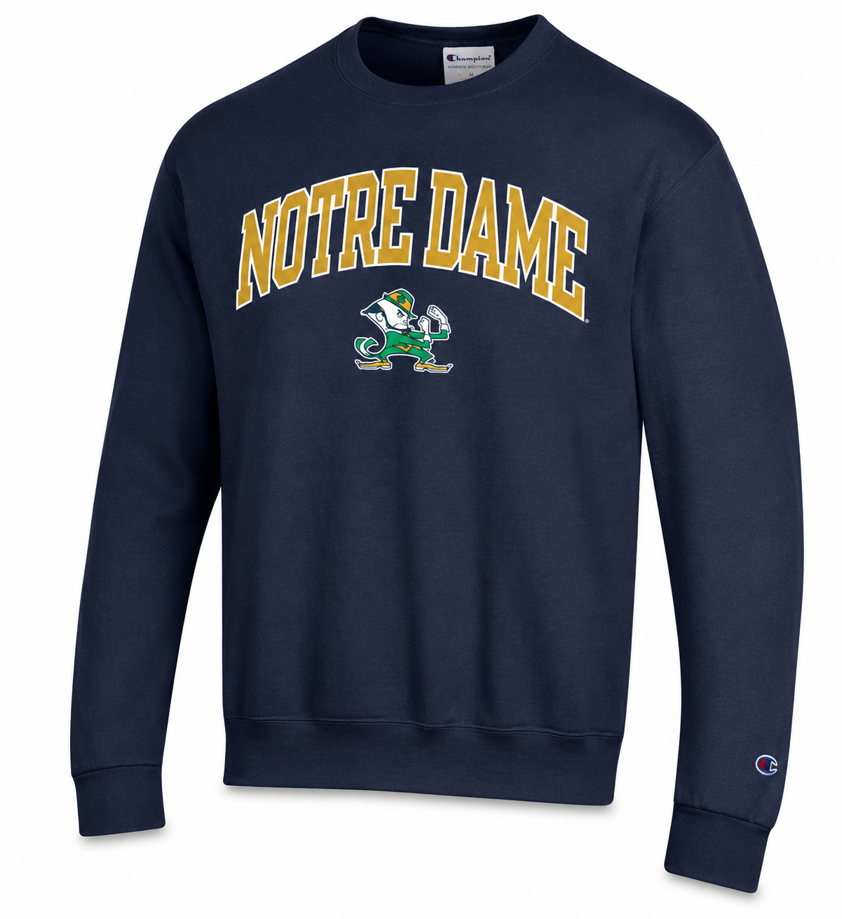 A navy blue crewneck sweatshirt featuring 'NOTRE DAME' in gold varsity lettering with a green and white mascot graphic underneath, on a plain white background.
