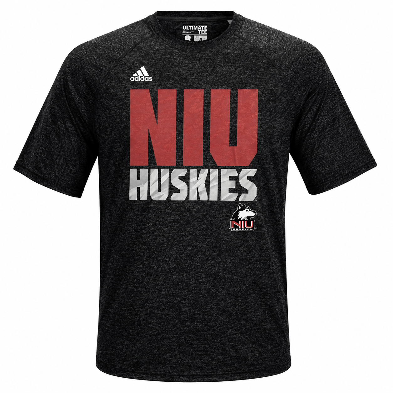 A black heathered short-sleeve athletic t-shirt featuring a distressed red and white graphic that reads 'NIU HUSKIES' on the front, with the white Adidas logo on the left chest and a small NIU Huskies logo on the right chest.
