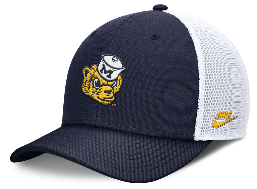 Michigan Wolverines Jumpman Club Navy Mascot Adjustable Snapback Trucker Hat - Pro Jersey Sports
