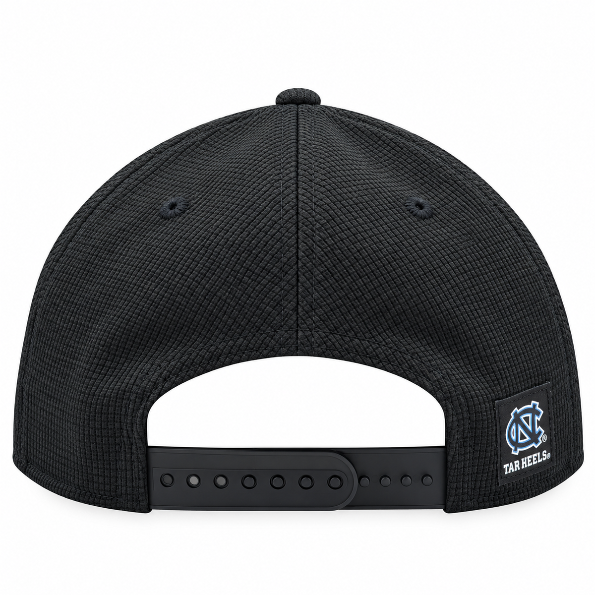 Rear view of a black structured baseball cap with a textured fabric crown, black snapback closure, and a small Carolina Tar Heels logo patch on the side, shown on a white background.