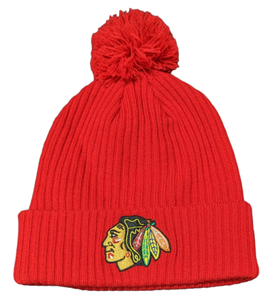 Chicago Blackhawks Fanatics Branded Red Primary Logo Cuffed Pom Knit Hat - Pro Jersey Sports