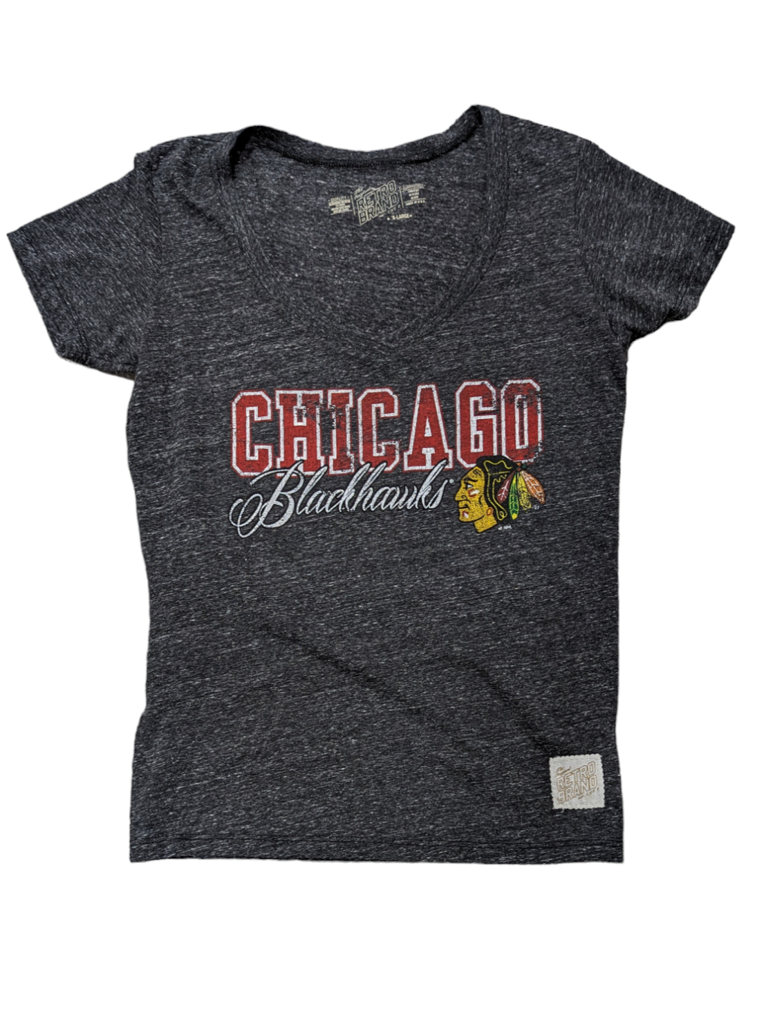 Women's Chicago Blackhawks Heather Black Deep V-Neck Tee - Pro Jersey Sports