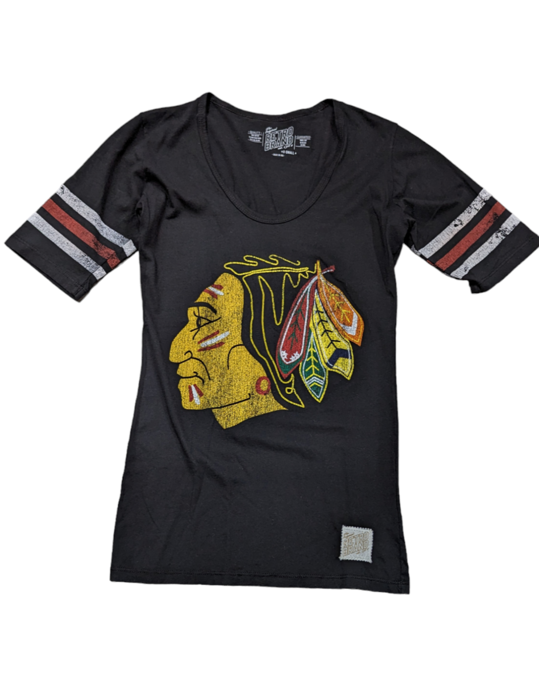 Women's Chicago Blackhawks 1961 Logo Mid Sleeve with Stripes Tee-Black - Pro Jersey Sports