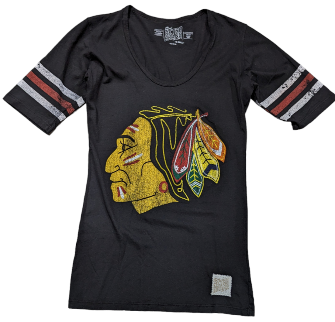 Women's Chicago Blackhawks 1961 Logo Mid Sleeve with Stripes Tee-Black - Pro Jersey Sports