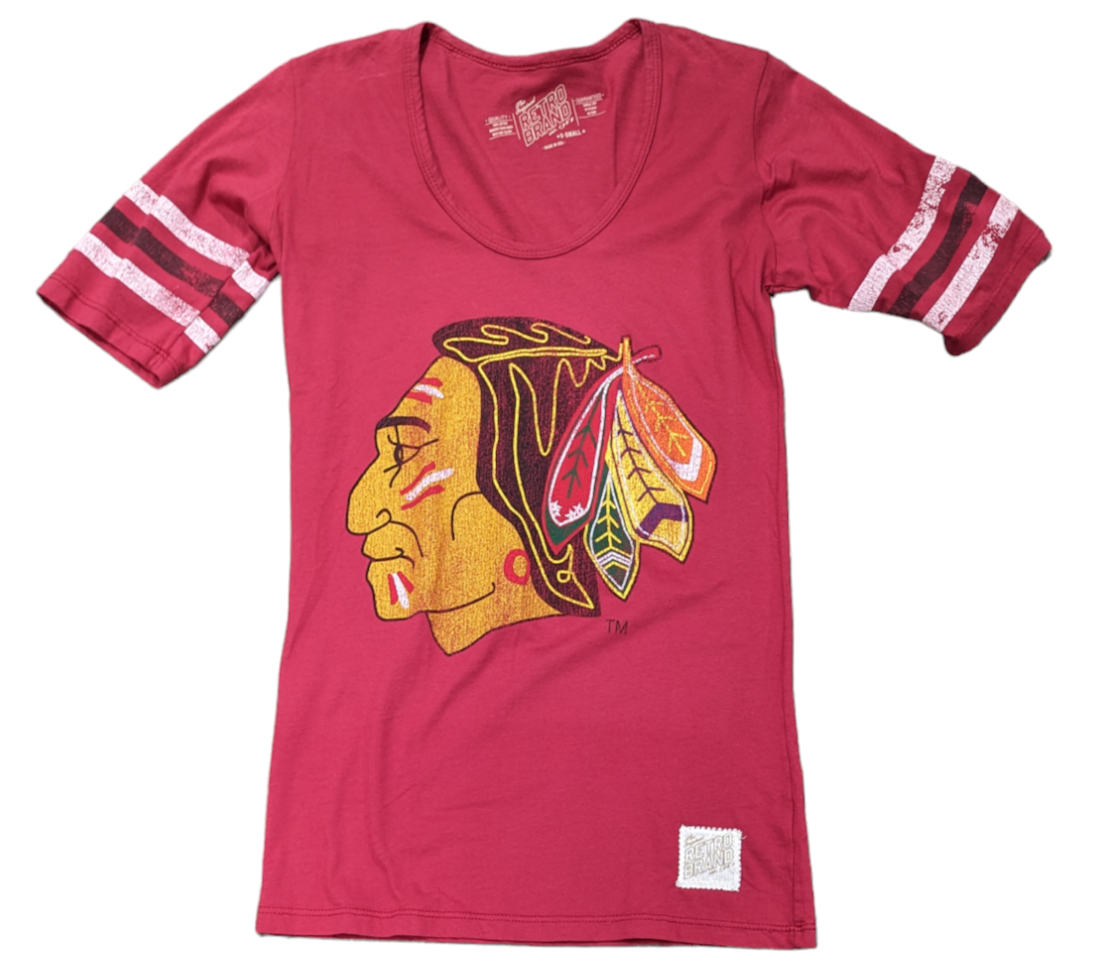 Women's Chicago Blackhawks 1961 Logo Red Mid Sleeve with Stripes Tee - Pro Jersey Sports