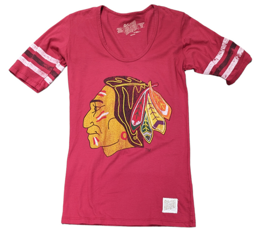 Women's Chicago Blackhawks 1961 Logo Red Mid Sleeve with Stripes Tee - Pro Jersey Sports