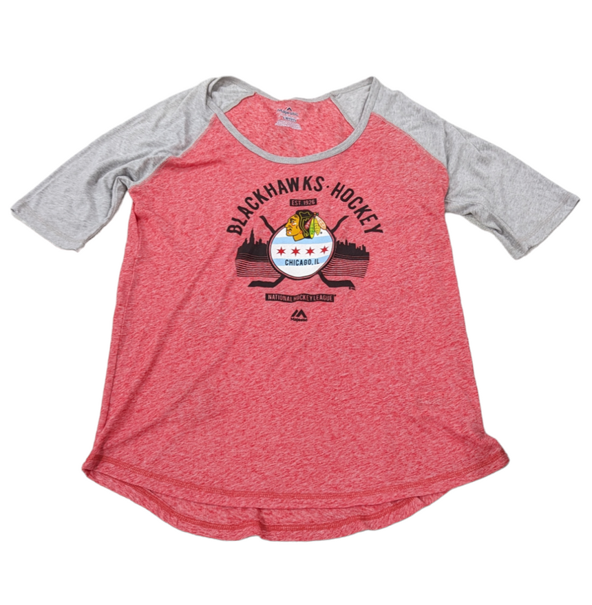 Women's Chicago Blackhawks Majestic Heather Red City Love Henley Tee - Pro Jersey Sports