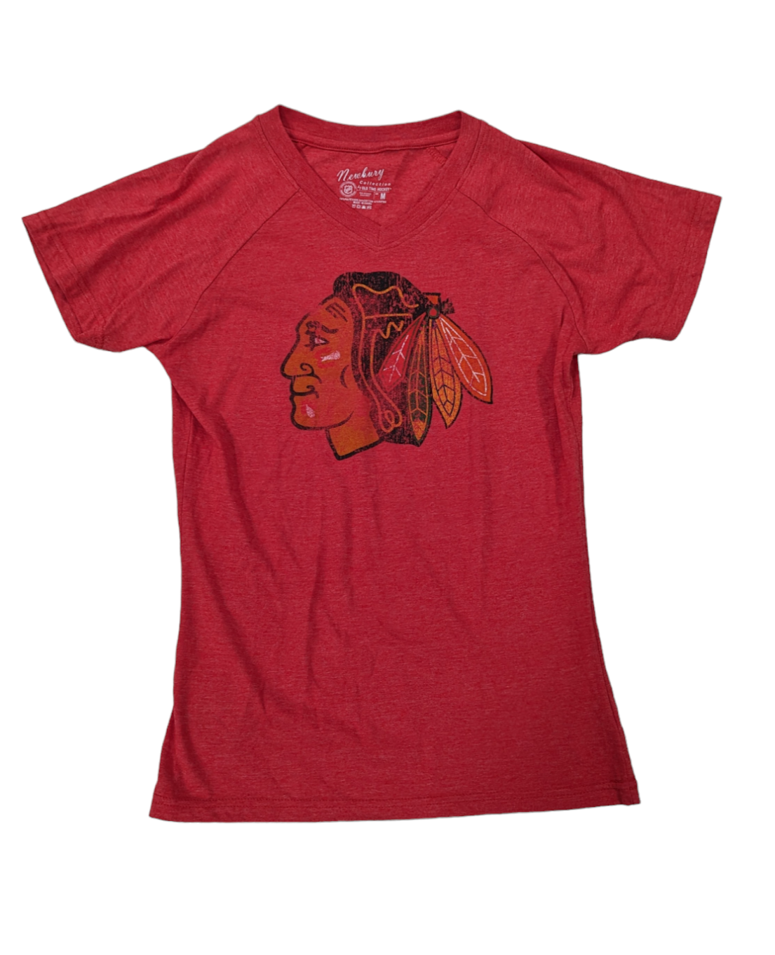 Women's Chicago Blackhawks Old Time Hockey Red Blasted Logo V-Neck Tee - Pro Jersey Sports