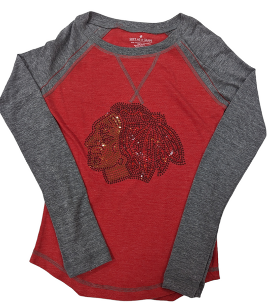 Women's Chicago Blackhawks NHL Soft As A Grape Red/Gray Blocked Bling Logo Long Sleeve Tee - Pro Jersey Sports