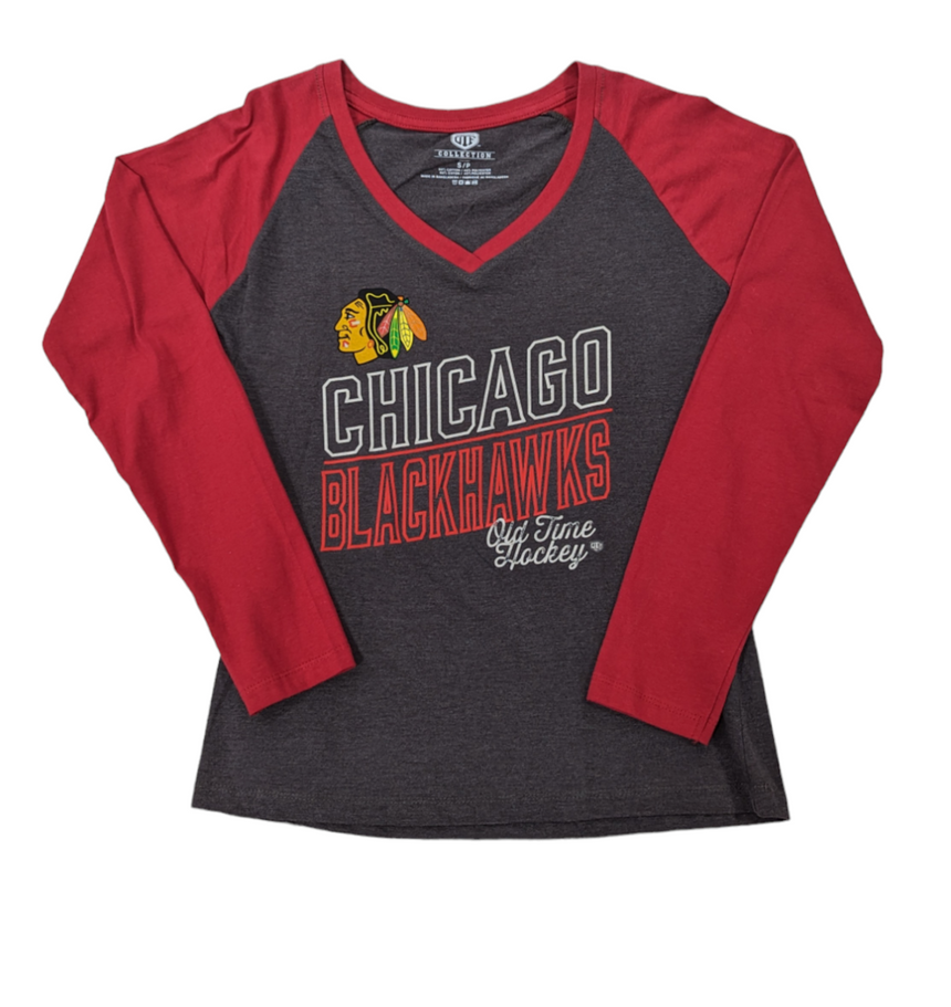 Women's Chicago Blackhawks Old Time Hockey Gray/Red Patricia Long Sleeve Tee - Pro Jersey Sports