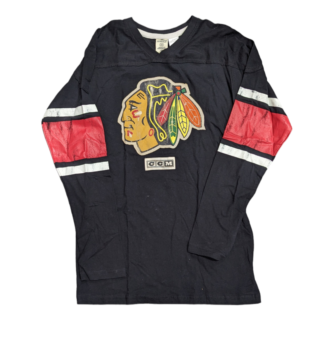 Youth Chicago Blackhawks CCM Black Patched Logo Long Sleeve Tee