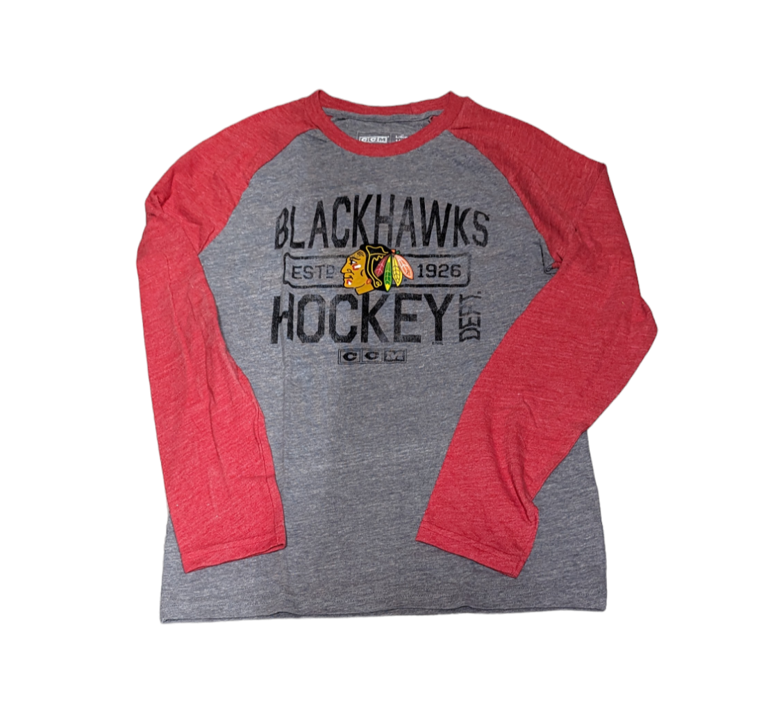 Youth Chicago Blackhawks CCM Tri-Blend Gray/Red Long Sleeve Crew Neck Tee - Pro Jersey Sports