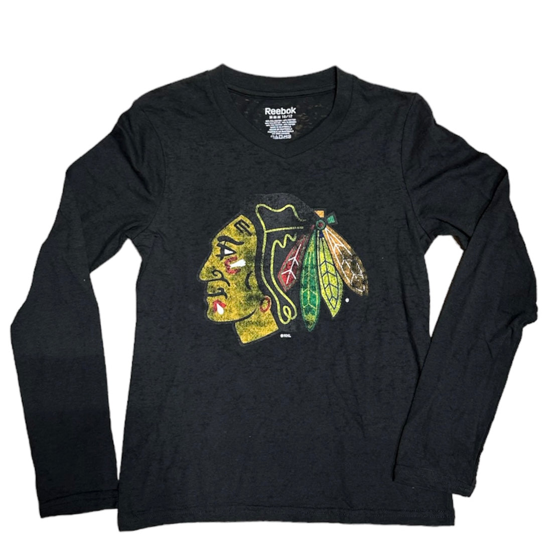 Youth Girls Chicago Blackhawks Distressed Logo L/S Tee By Reebok - Pro Jersey Sports