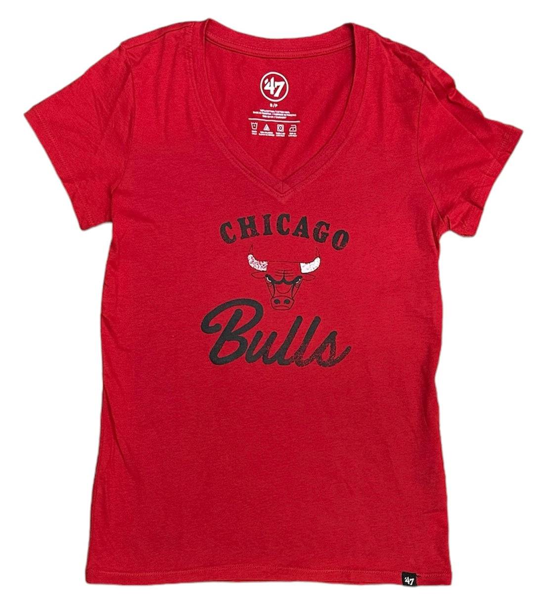 Womens Chicago Bulls Red '47 NBA Spirit Script V-Neck Short Sleeve T-Shirt - Pro Jersey Sports