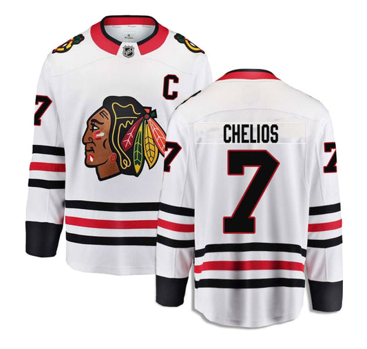 Men's Chris Chelios Chicago Blackhawks White Road Premium Twill Fanatics Breakaway Replica Jersey