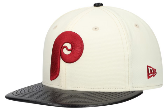 Philadelphia Phillies Cooperstown Collection Cream/Black Leather Visor New Era 59FIFTY Fitted Hat - Pro Jersey Sports
